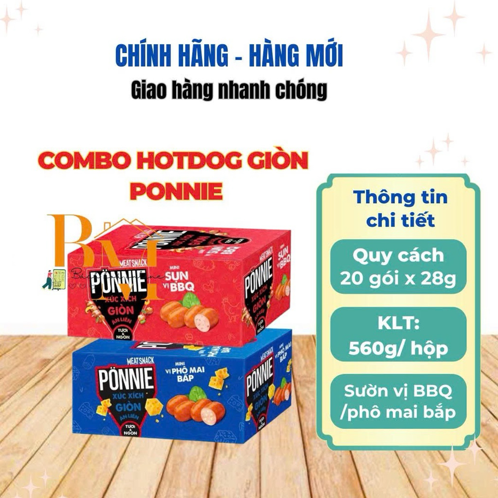 Hộp 20 Cây Hotdog Ponnie Giòn Ăn Liền Vị Phô Mai Bắp/ Vị Sụn BBQ 28gr