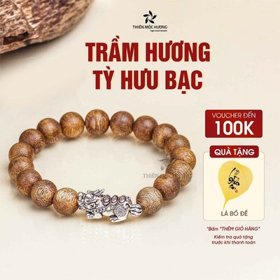 Vòng tay trầm hương Tỳ hưu - Chuỗi trầm Tốc Việt Nam - Kết hợp linh vật bạc 925 - May mắn, tài lộc