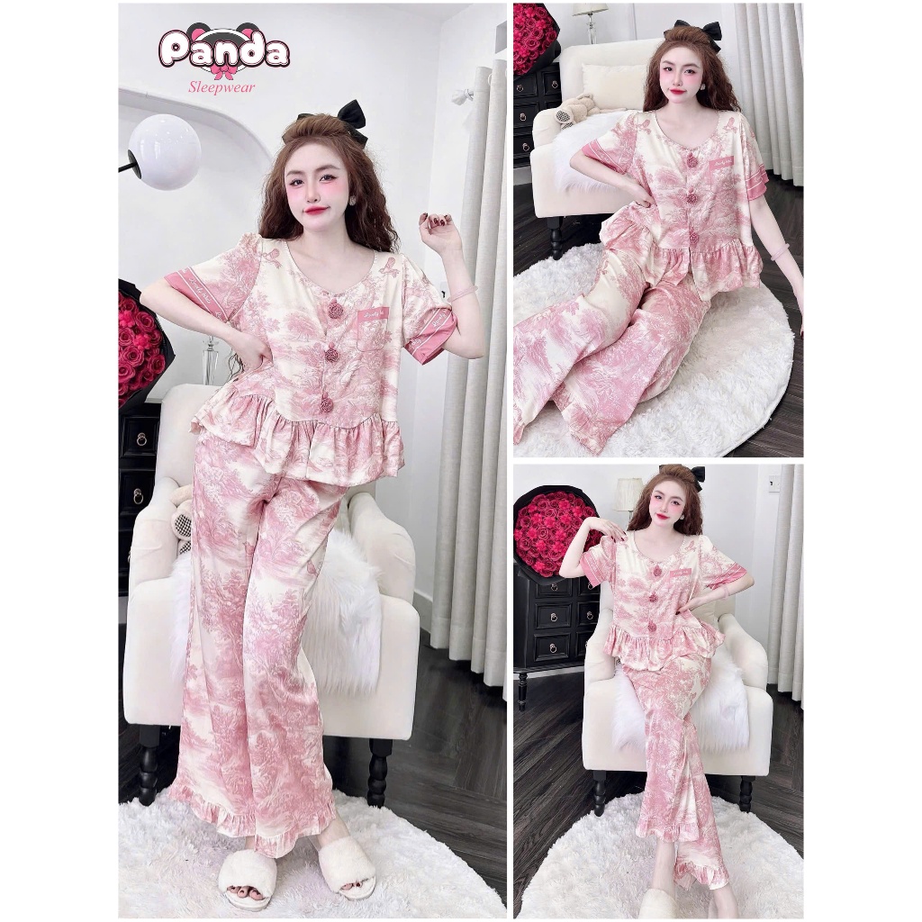 Đồ ngủ bigsize pyjama , Đồ bộ babydoll  tay ngắn tiểu thư lai gợn nút cách điệu quần dài  tay aó có 
