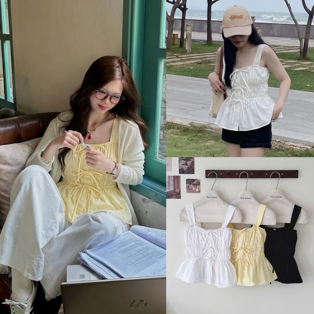 [Hàng chuẩn L1] Áo Hai Dây Bản To Chất Thô Mềm Bo Chun Đính Nơ CHERRY TOP - A21245 | BigBuy360 - bigbuy360.vn