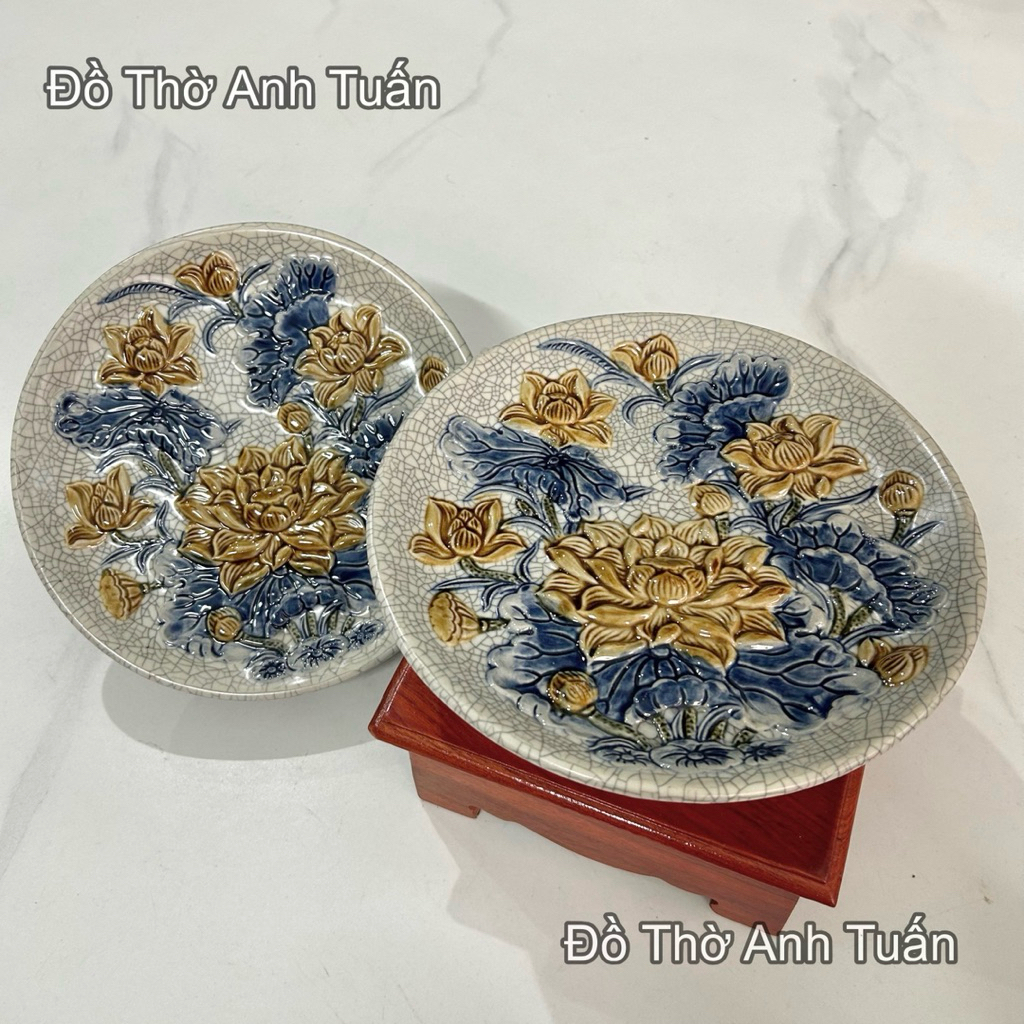 Mâm bồng men rạn hoạ tiết nổi, mâm bồng hoa sen men rạn thờ cúng