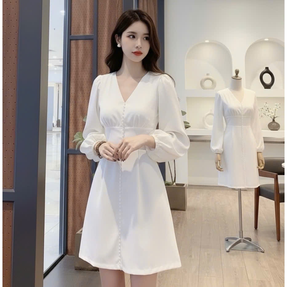 Đầm Thiết Kế Cổ Tim Tay Phồng Nút Bọc