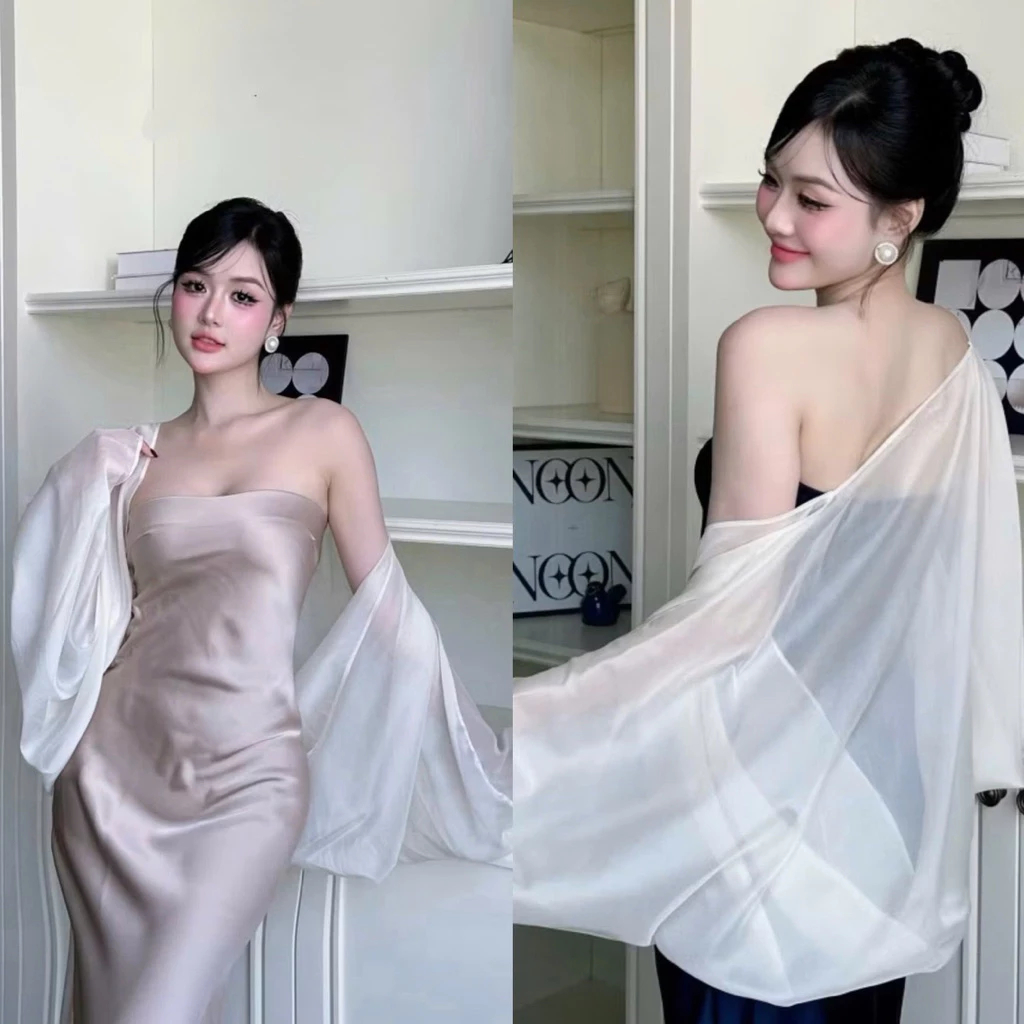 Áo khoác choàng tơ cao cấp, Áo choàng tơ phối đầm lụa váy lụa freesize | BigBuy360 - bigbuy360.vn
