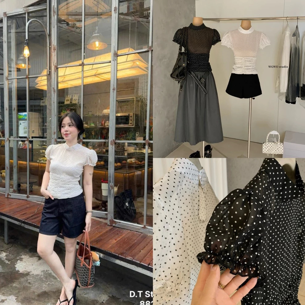 Áo Chấm Bi Tay Bồng Bun222 – Áo Cổ 3 Phân Nhún Eo Tôn Dáng, Áo Kiểu Nữ Dễ Thương Hàn Quốc | BigBuy360 - bigbuy360.vn