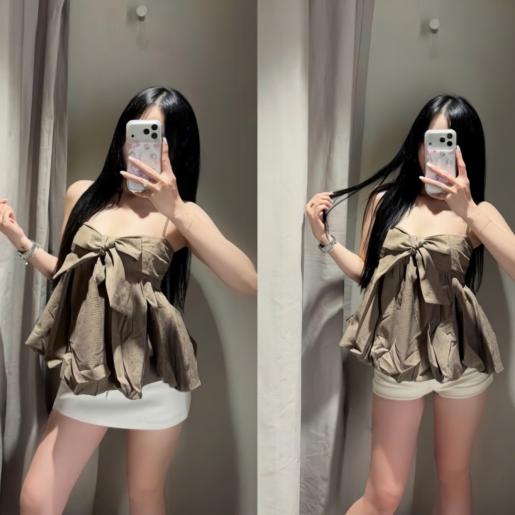 Áo Hai Dây Nữ Nơ To Bản Xinh Xắn – Áo Croptop Babydoll Dáng Xòe, Chun Ngực Co Giãn, Style Hàn Quốc Hot Trend HH10