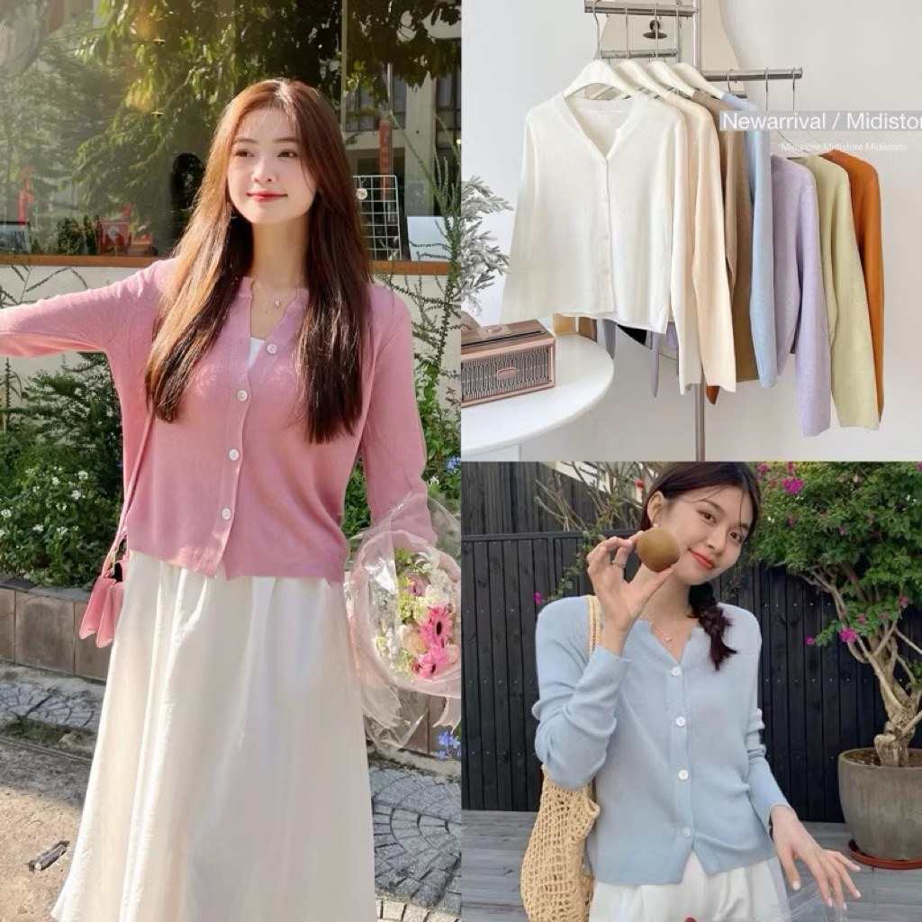 Cardigan len dệt kim mỏng nữ mặc màu trắng Oldschool
