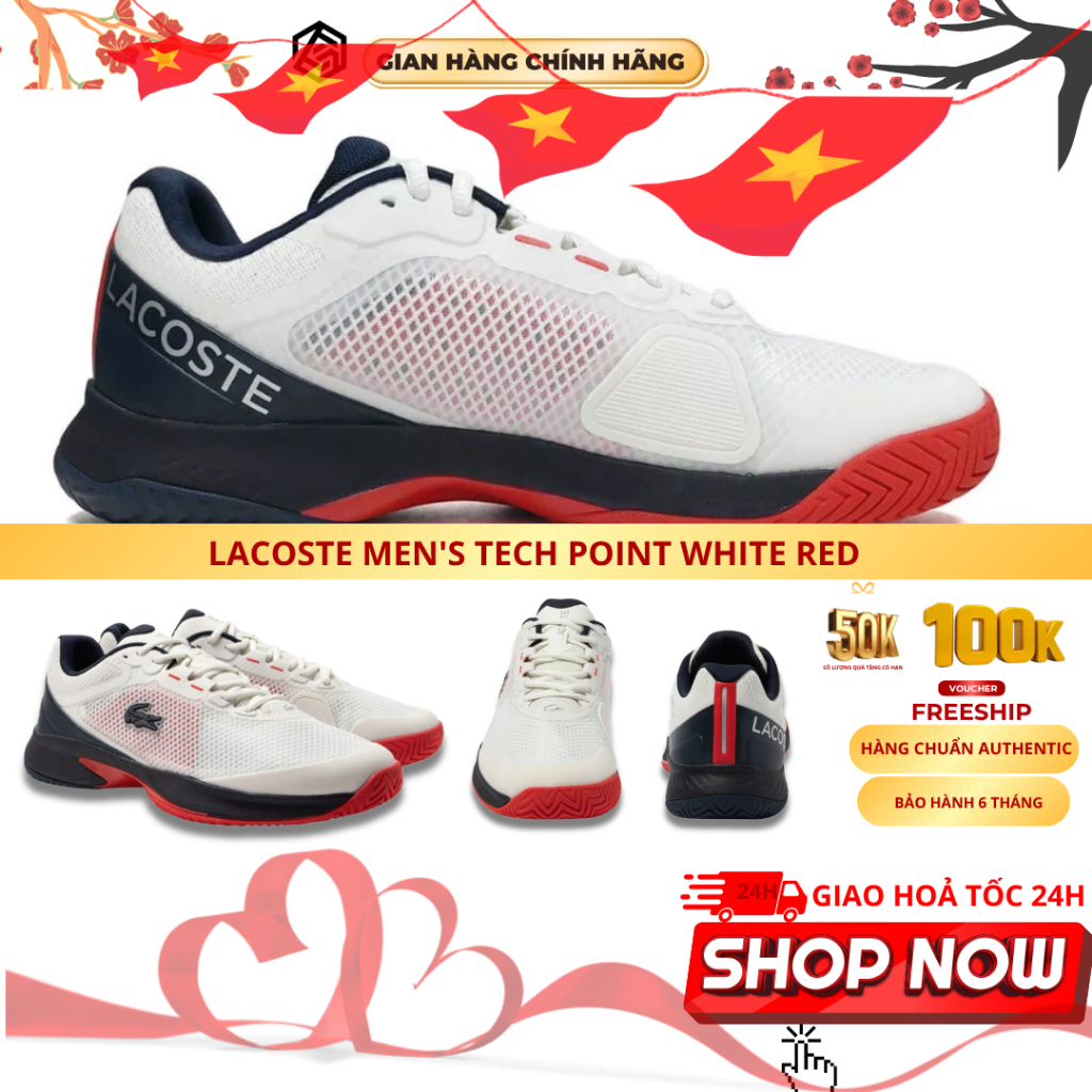 💯Assyrian Store💯Giày Pickleball Lacoste Men's Tech Point White Red,Giày Tennis Lascote AUTHENTIC