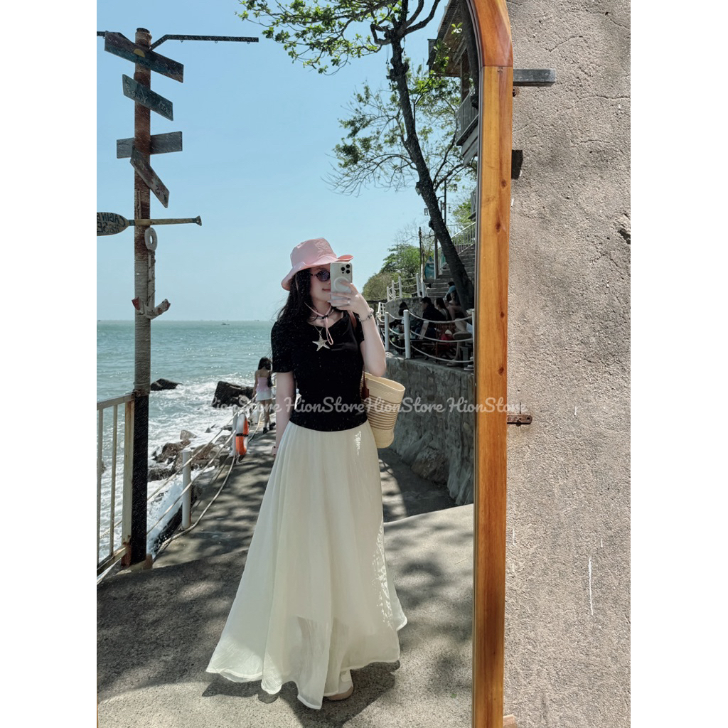 Hion Store - Set áo thun đen + cv midi nude voan tơ