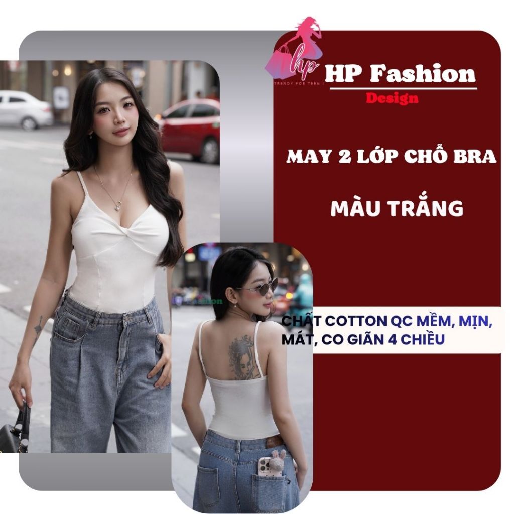 Áo hai dây nữ form dài ôm body không mút chiết eo basic xoắn v1 , áo kiểu mùa hè vải cotton QC co giãn HP106 | BigBuy360 - bigbuy360.vn
