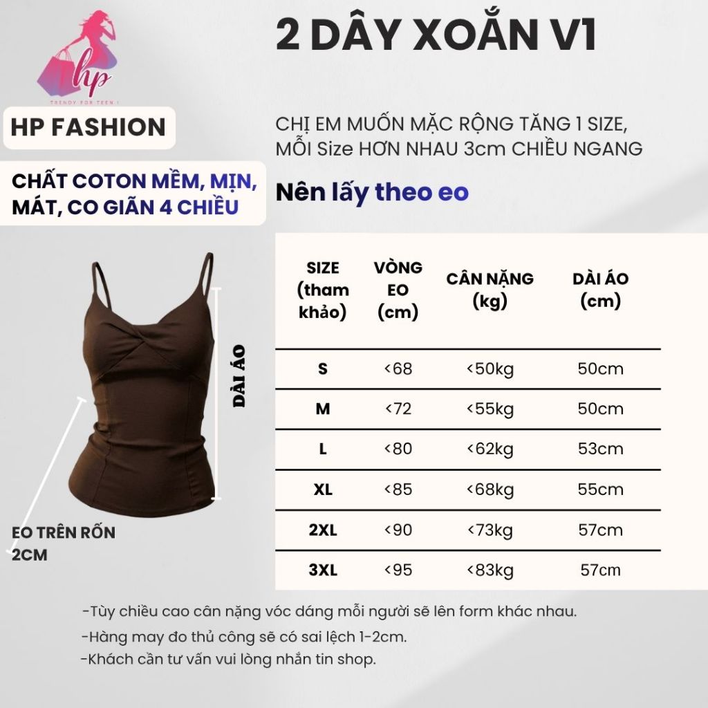 Áo hai dây nữ form dài ôm body không mút chiết eo basic xoắn v1 , áo kiểu mùa hè vải cotton QC co giãn HP106 | BigBuy360 - bigbuy360.vn