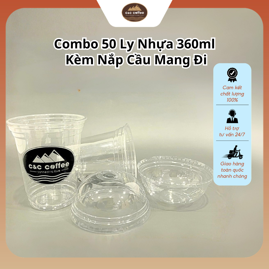 Combo 50 Ly Nhựa 360ml Kèm Nắp Cầu, Bộ 50 Cốc Cà Phê, Pha Chế Có Nắp 360ml - C&C Coffee