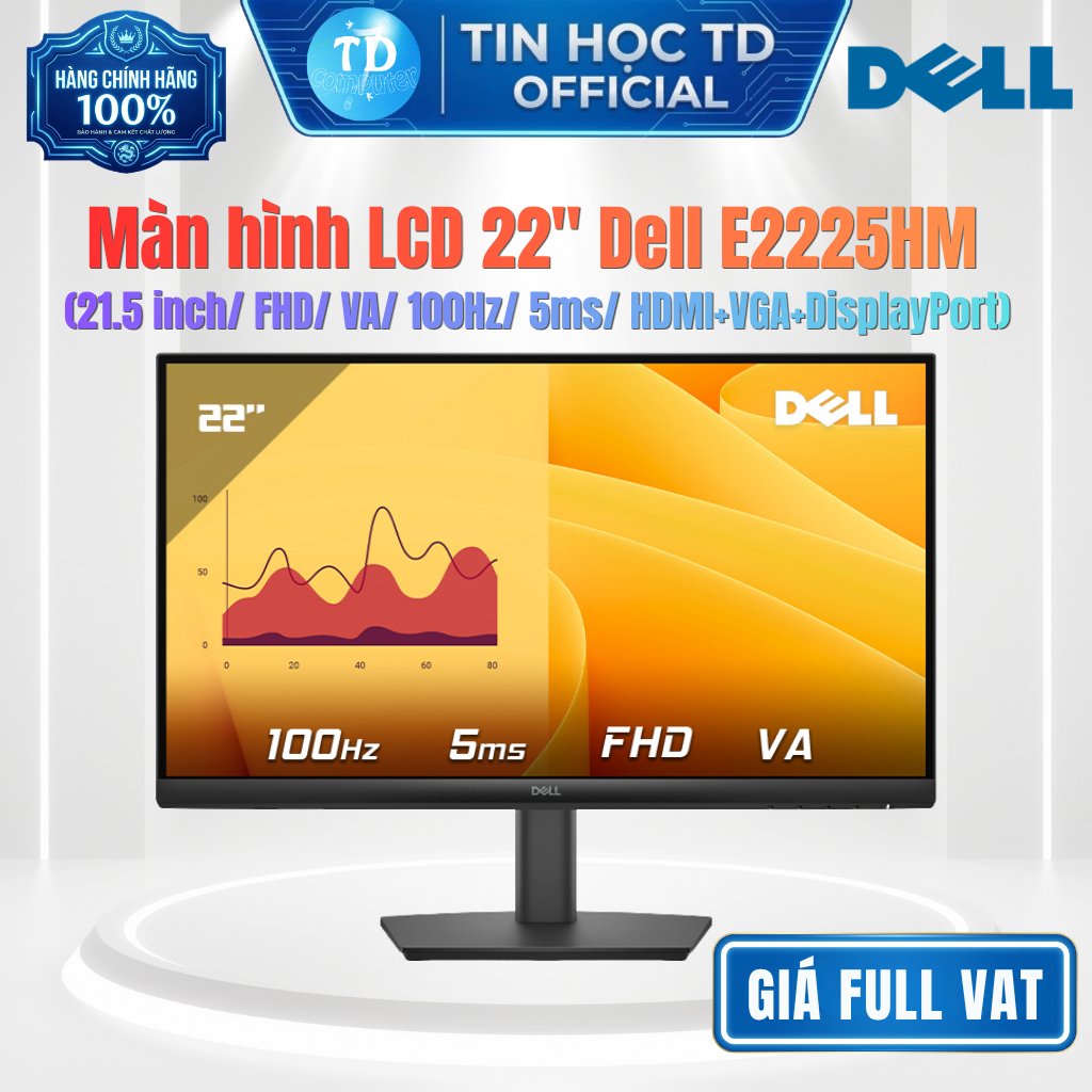 Màn hình LCD 22" Dell E2225HM – 21.5 inch FHD, VA, 100Hz, Hình ảnh sắc nét - Hàng chính hãng