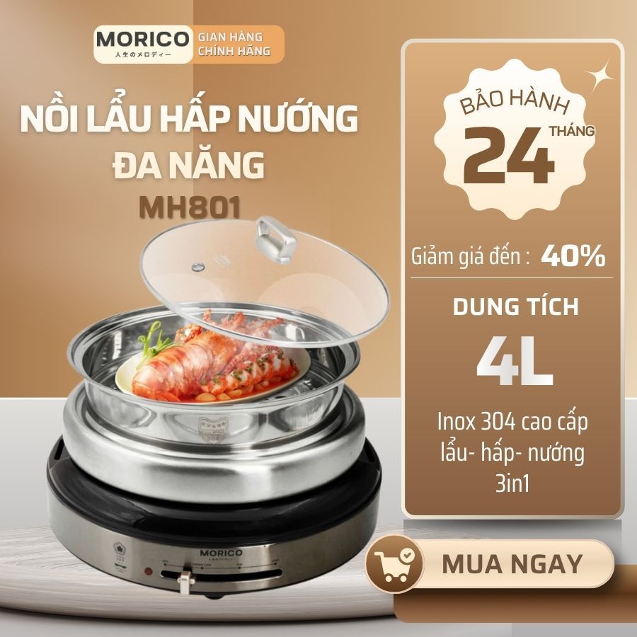 Nồi Lẩu Nướng Hấp 3in1 Morico MH801 4L – Inox 304 Chống Dính, 1300W, Nấu Lẩu Nướng Hấp Đa Năng