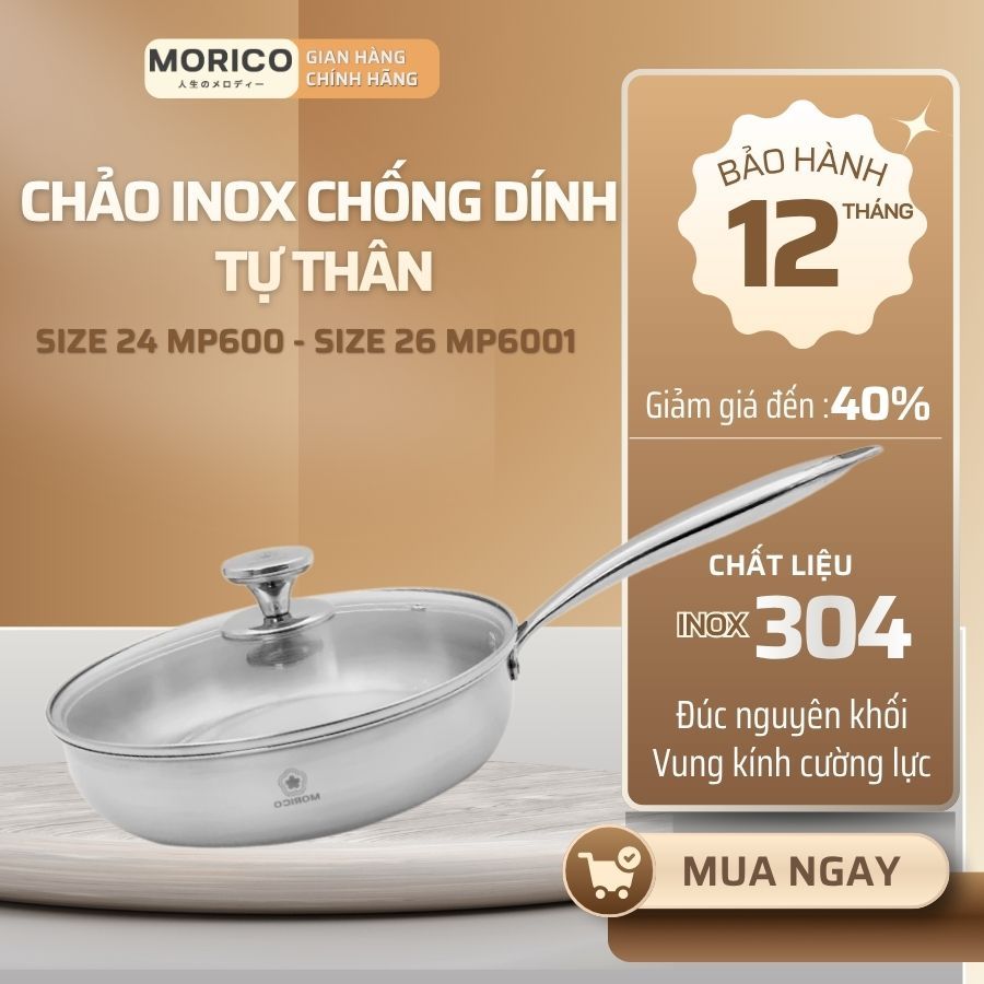 Chảo Inox 304 Đúc Nguyên Khối MP600 24cm / MP601 26cm – Đáy 3 Lớp Tản Nhiệt Đều, Kèm Nắp Kính