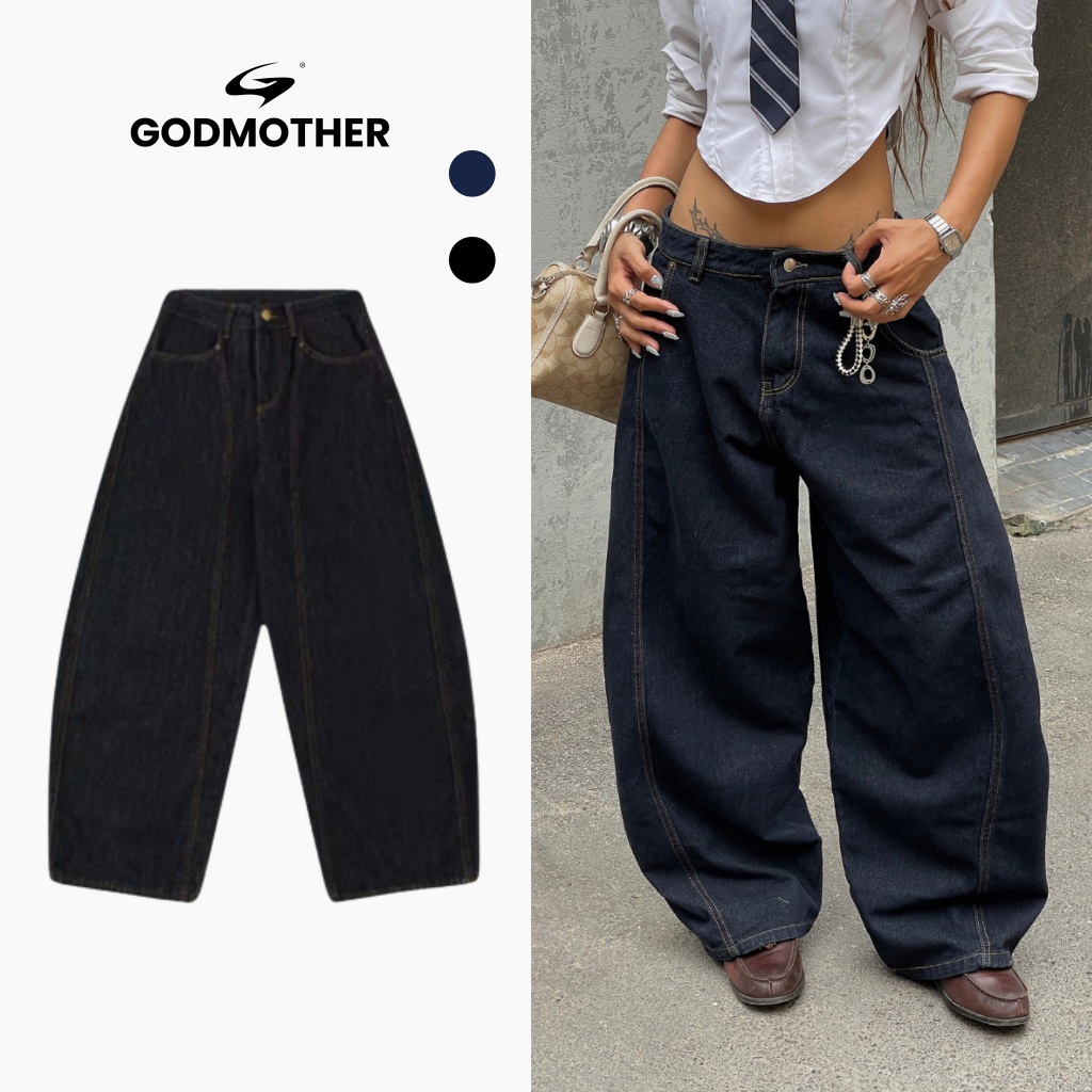 Quần Denim Đen Form Rộng GODMOTHER Quần Jean Cotton Ống Rộng Form Thụng Nam Nữ Unisex