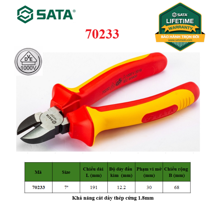 Kềm cắt cách điện 1000V VDE SATA (tùy chọn size)