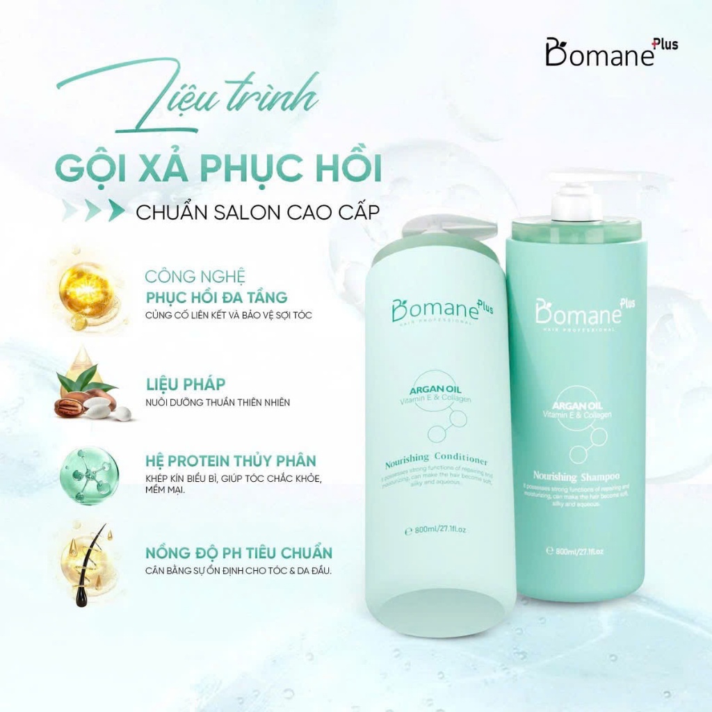 Cặp Dầu Gội Xả Cao Cấp Bomane Plus Phục Hồi Hư Tổn Bảo Vệ Màu Nhuộm Tái Tạo Toàn Diện Đa Tầng 800ML 