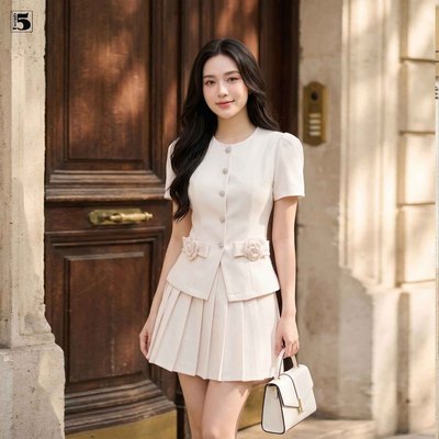 Set bộ nữ Twentyfive gồm áo kiểu cổ tròn đính nơ túi và chân váy ngắn xếp ly SACL63