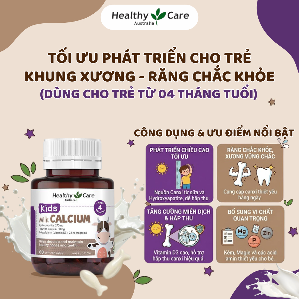Viên bổ sung Canxi + Vitamin D3 Phát triển xương & Răng trẻ Healthy Care Milk Calcium - Hộp 60 viên