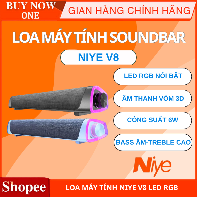 Loa máy tính soundbar Niye V8 led RGB, âm thanh vòm 3D, công suất 6Wx2, bass ấm treble cao