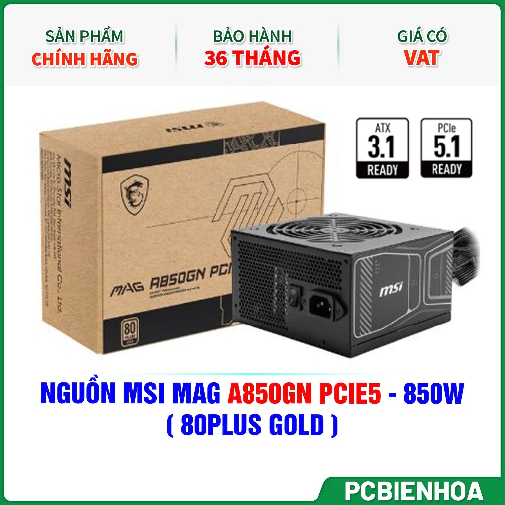 Nguồn máy tính MSI MAG A850GN PCIE5 - 80 Plus Gold - Non Modular (850W)-36T