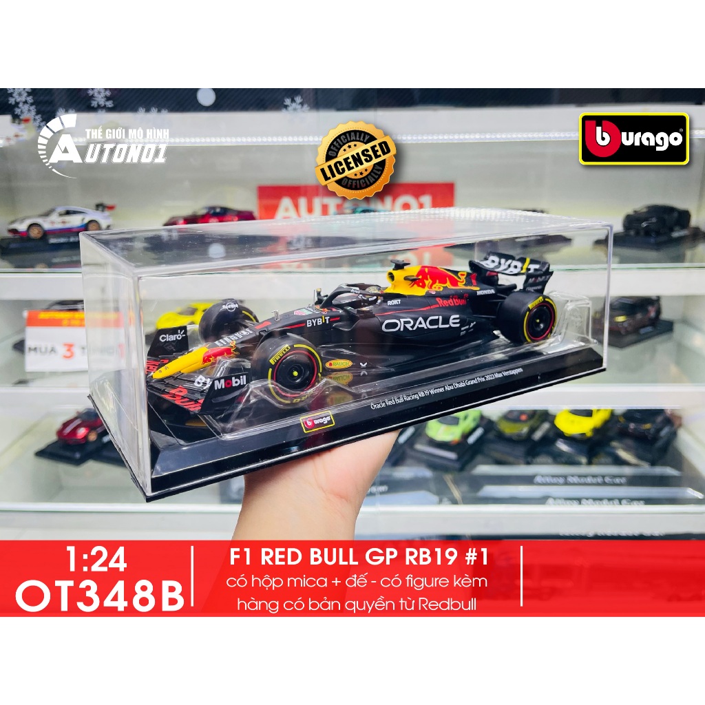 Mô hình xe đua F1 Redbull GP 2023 RB19 hộp mica có figure tỉ lệ 1:24 Bburago OT348