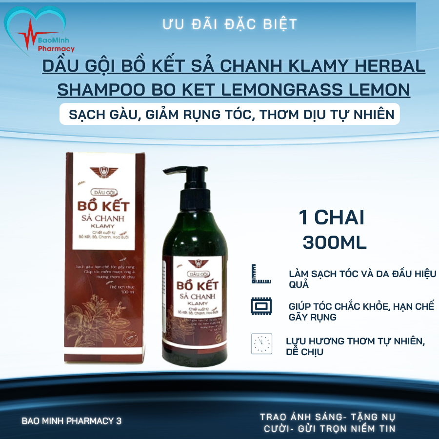 Dầu Gội Bồ Kết Sả Chanh Klamy Herbal Shampoo Bo Ket Lemongrass Lemon 300ml – Sạch Gàu, Giảm Rụng Tóc