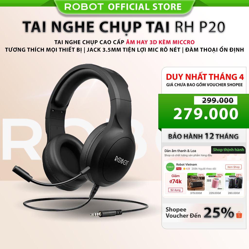 Tai Nghe Chụp Tai ROBOT RH-P20 Âm Thanh 3D Hỗ Trợ Kết Nối Cổng AUX - BẢO HÀNH…
