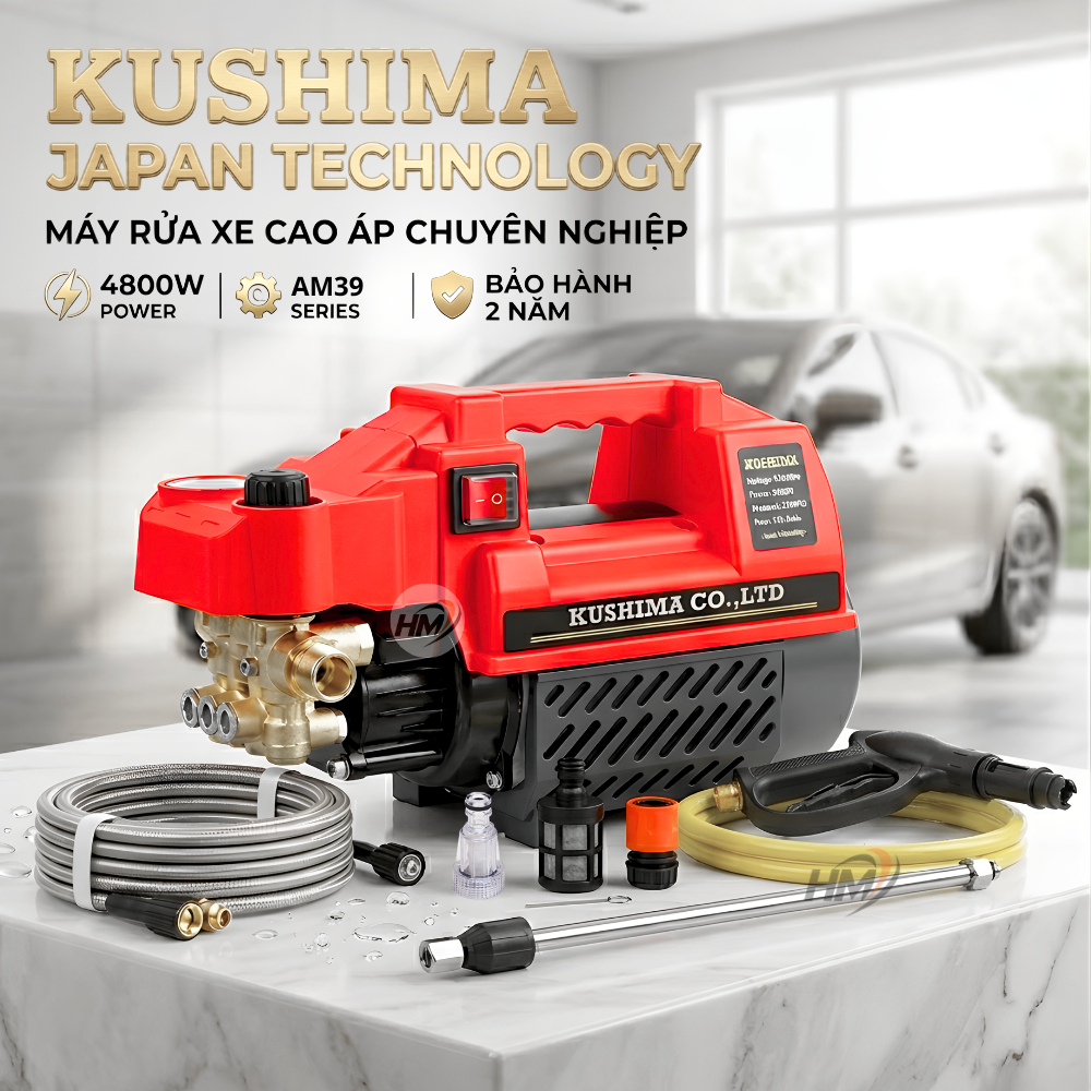 Máy rửa xe áp lực cao KUSHIMA  AM39 Có chỉnh áp, Công suất cao - Tặng kèm bình tạo bọt và nối dài