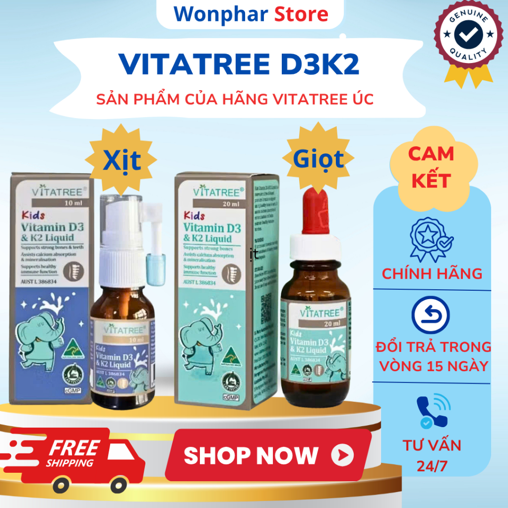 D3K2 Vitatree Kids – Vitamin D3 + K2 MK7 Cho Trẻ Sơ Sinh & Trẻ Nhỏ, Hấp Thu Canxi, Tăng Chiều Cao, X