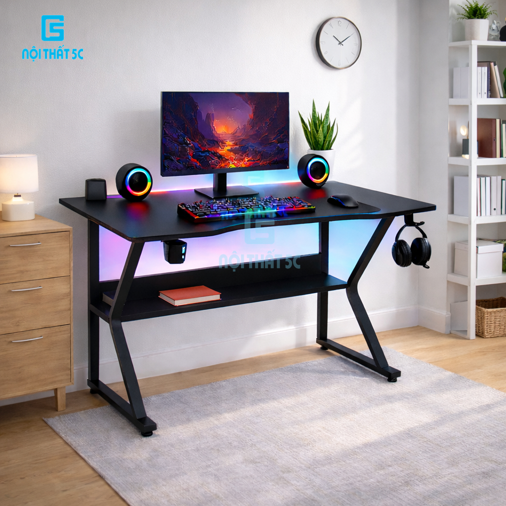 Bàn học, bàn gaming được cắt CNC bo tròn 4 góc, chân sắt hộp sơn tĩnh điện dày dặn, mặt bàn gỗ công 