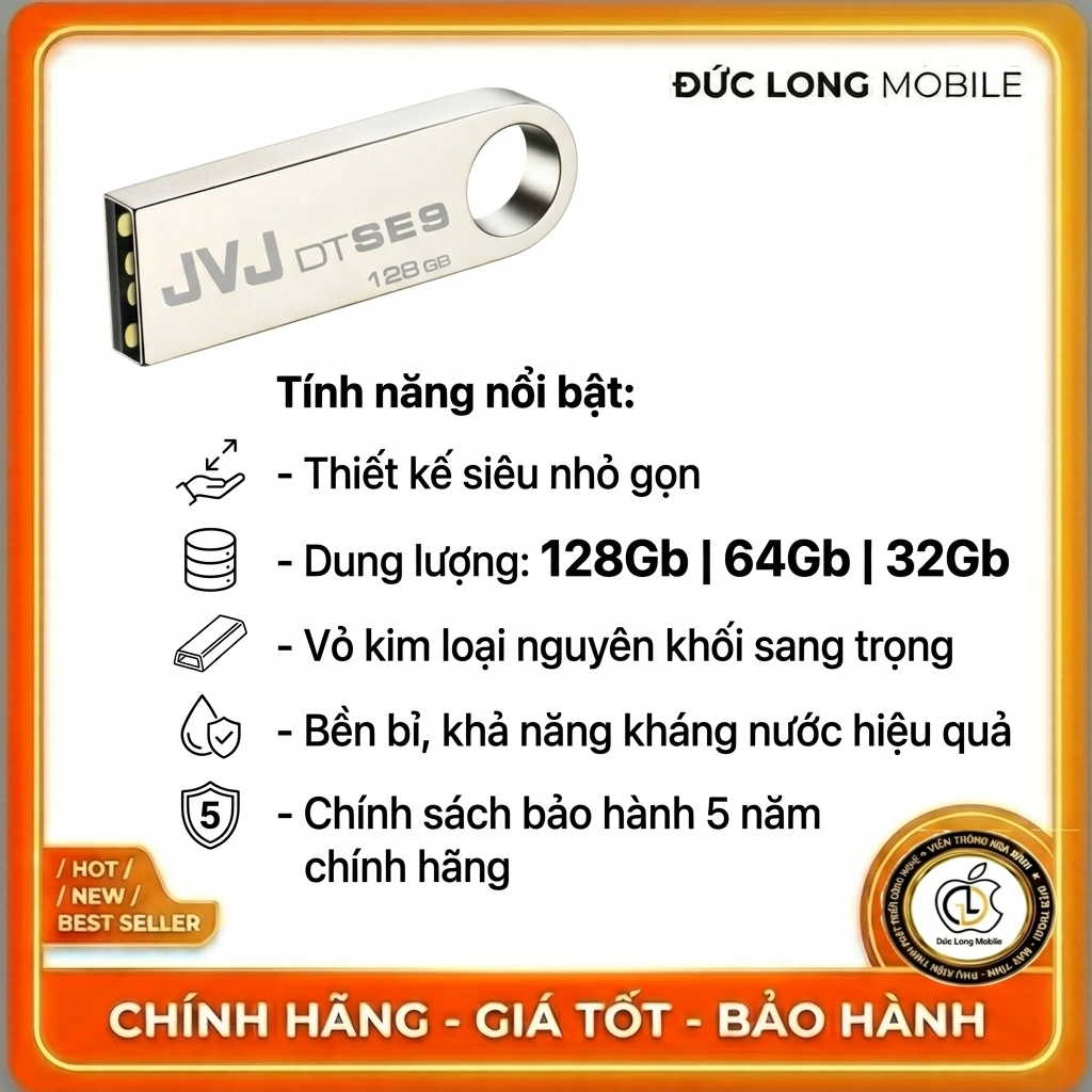USB JVJ SE9 128GB / 64GB / 32GB / 16GB / 8GB – USB 2.0 VỎ KIM LOẠI – NHỎ GỌN, BỀN BỈ, KHÁNG NƯỚC