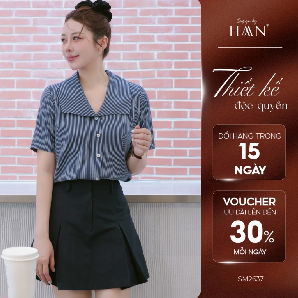 Áo Sơ Mi Kẻ Xanh Ngắn Tay Cổ Bẻ Form Vừa, Thiết Kế Basic HAAN Design SM2637