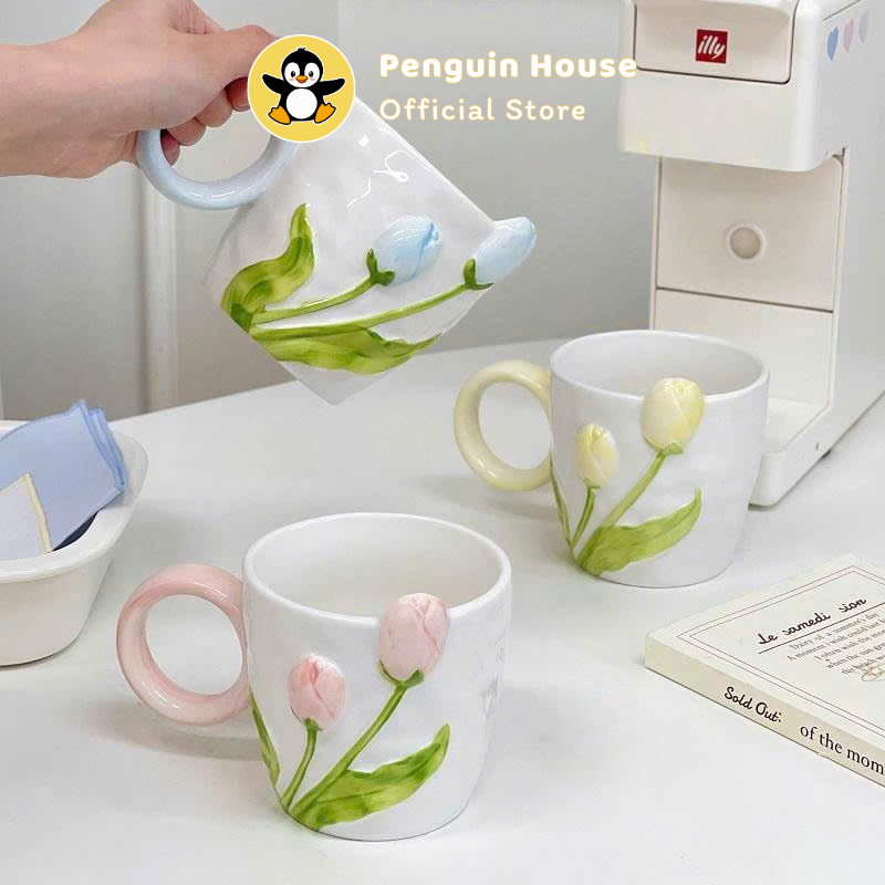 [Penguin] Cốc sứ Flower Tulip decor 350ml ly sứ dễ thương decor bàn học phòng ngủ, cốc sứ cute_FS3