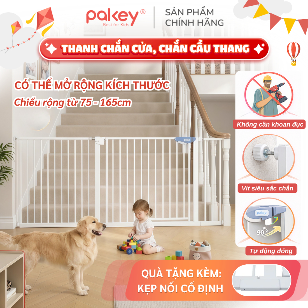 Thanh Chắn Cầu Thang, Thanh Chắn Cửa Pakey Không Khoan Tường Cao 79cm Bảo Vệ An Toàn Cho Bé Yêu