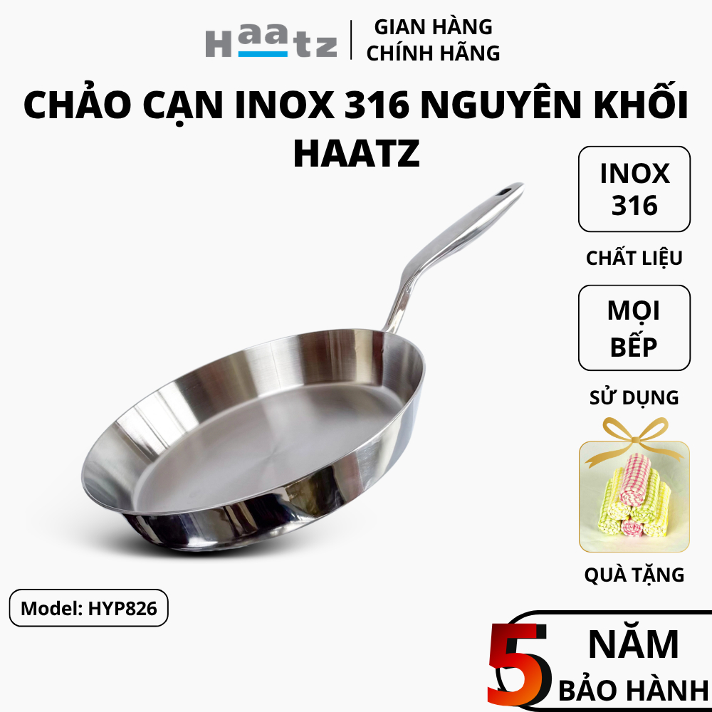 Chảo Inox 316 Cạn Lòng Chính Hãng Haatz, Chảo Inox 316 An Toàn Sức Khỏe Chống Dính Tự Thân Bảo Hành 
