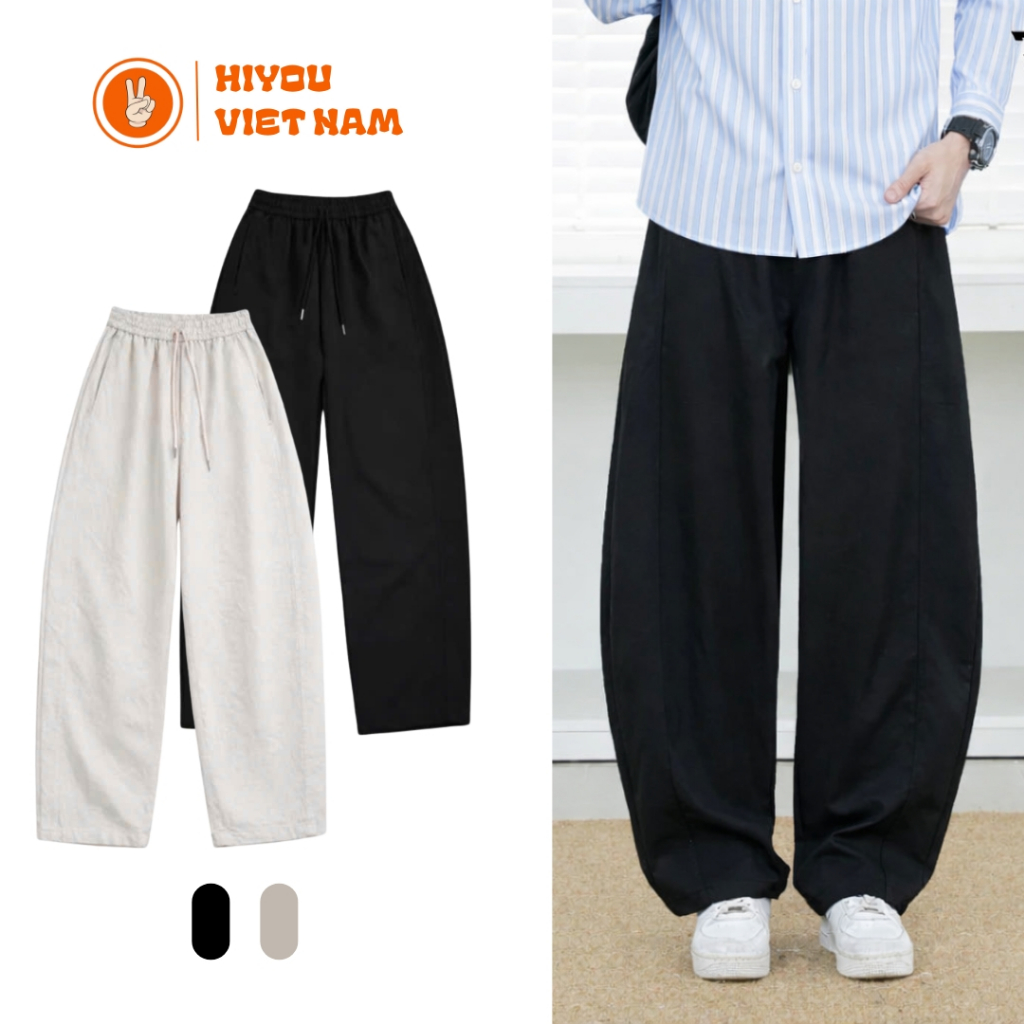 Quần Kaki Nữ Ống Rộng Form Thụng Hơi Cong Nhẹ Phối Line Hiyou, Quần Dài Nam Nữ Chất Liệu Kaki Cotton