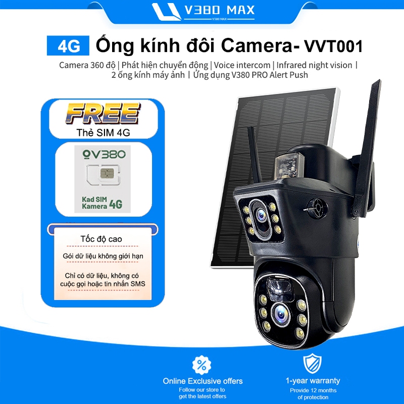 V380 Max Solar giám sát Camera 2 mắt 360 độ 1080P HD 4G Sim IP Không thấm nước ngoài trời