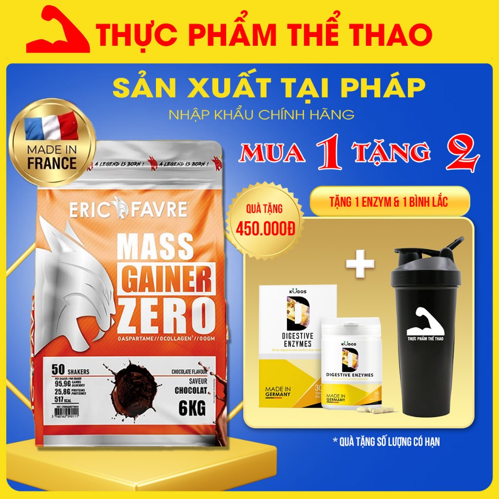 Sữa Tăng Cân Mass Gainer Zero 6Kg - Thương Hiệu Eric Favre - Tặng Hộp Enzym 30 viên & Bình Lắc