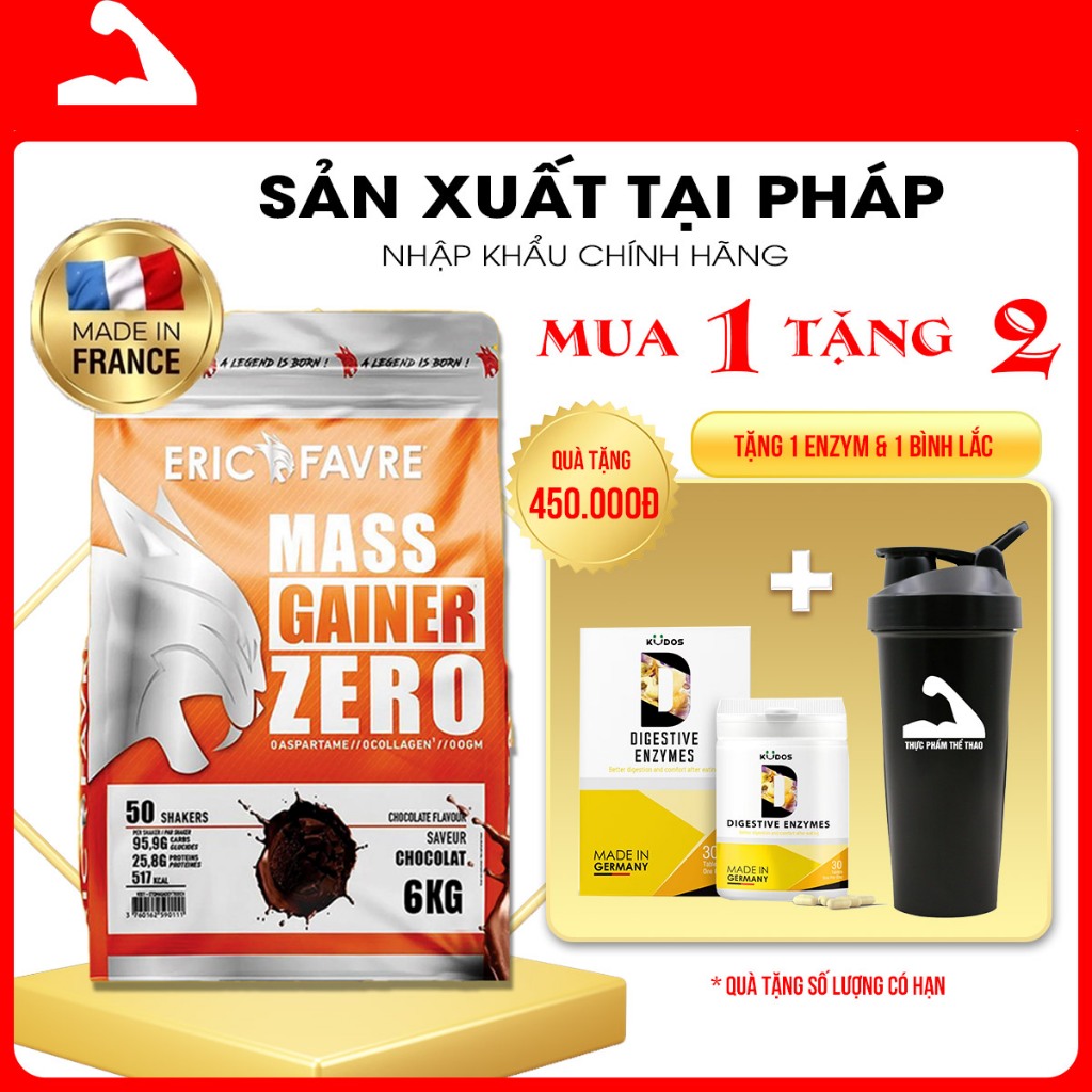 Sữa Tăng Cân Mass Gainer Zero 6Kg - Thương Hiệu Eric Favre (Pháp) - Tặng Enzym 30v + Shaker