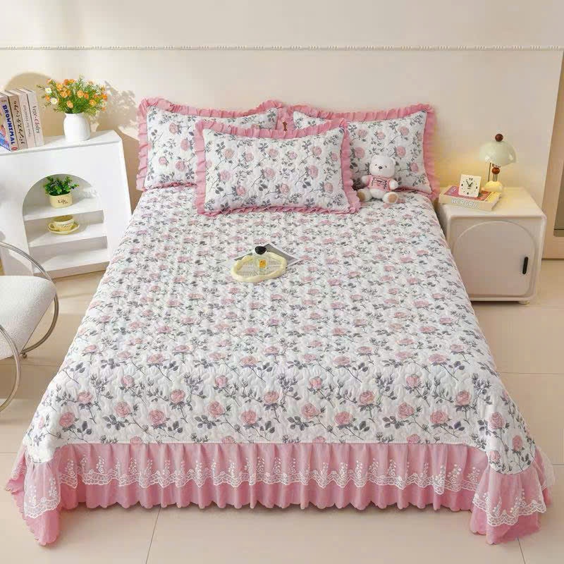 (Hàng nhập)Set ga gối trần bông phủ viền bèo đũi VINTAGE ga trần bông phủ ga trải giường phủ đủ kích
