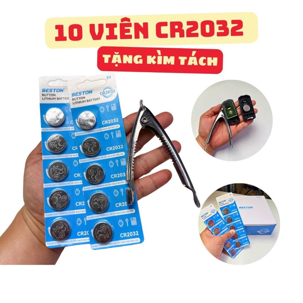 Combo 10 viên CR2032 BESTON Kèm kìm tách CR2032 thay remote xe máy oto định vị