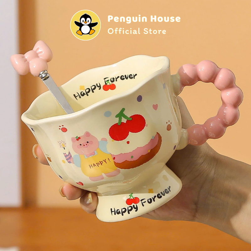 [Penguin] Cốc sứ cute Happy Cake 350ml ly sứ decor, ly sứ uống nước, cốc uống nước dễ thương