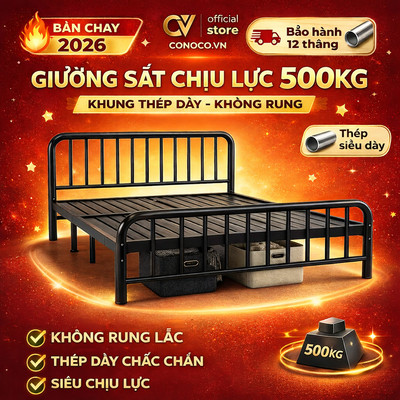 CONOCO Giường sắt khung thép hộp vuông gia cường  xà ngang bản rộng, chống rung lắc tải tĩnh 300kg