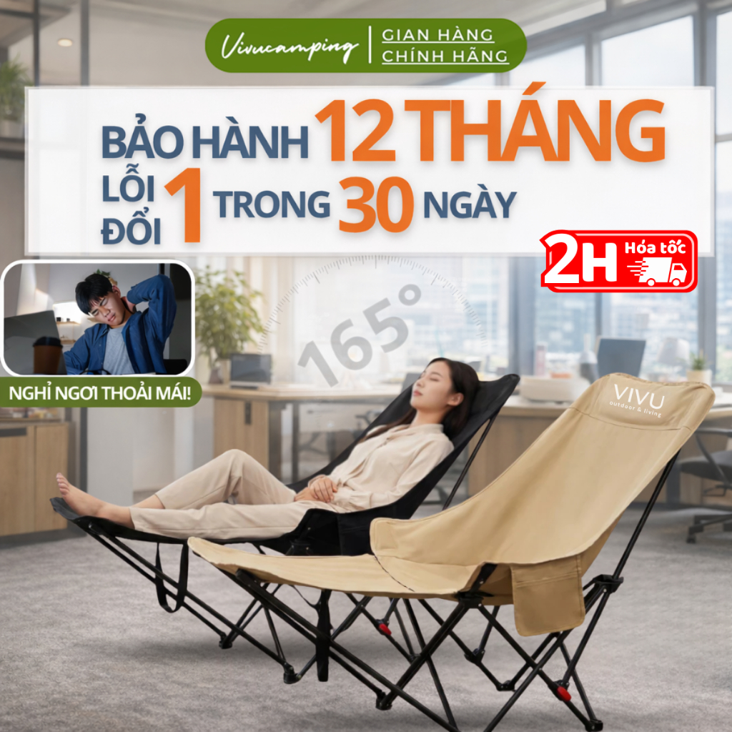 [Hỏa tốc] Ghế Ngủ Văn Phòng Gấp Gọn Vivucamping Chịu Tải 150kg, Ghế Gác Chân Ngả Lưng Thư Giãn