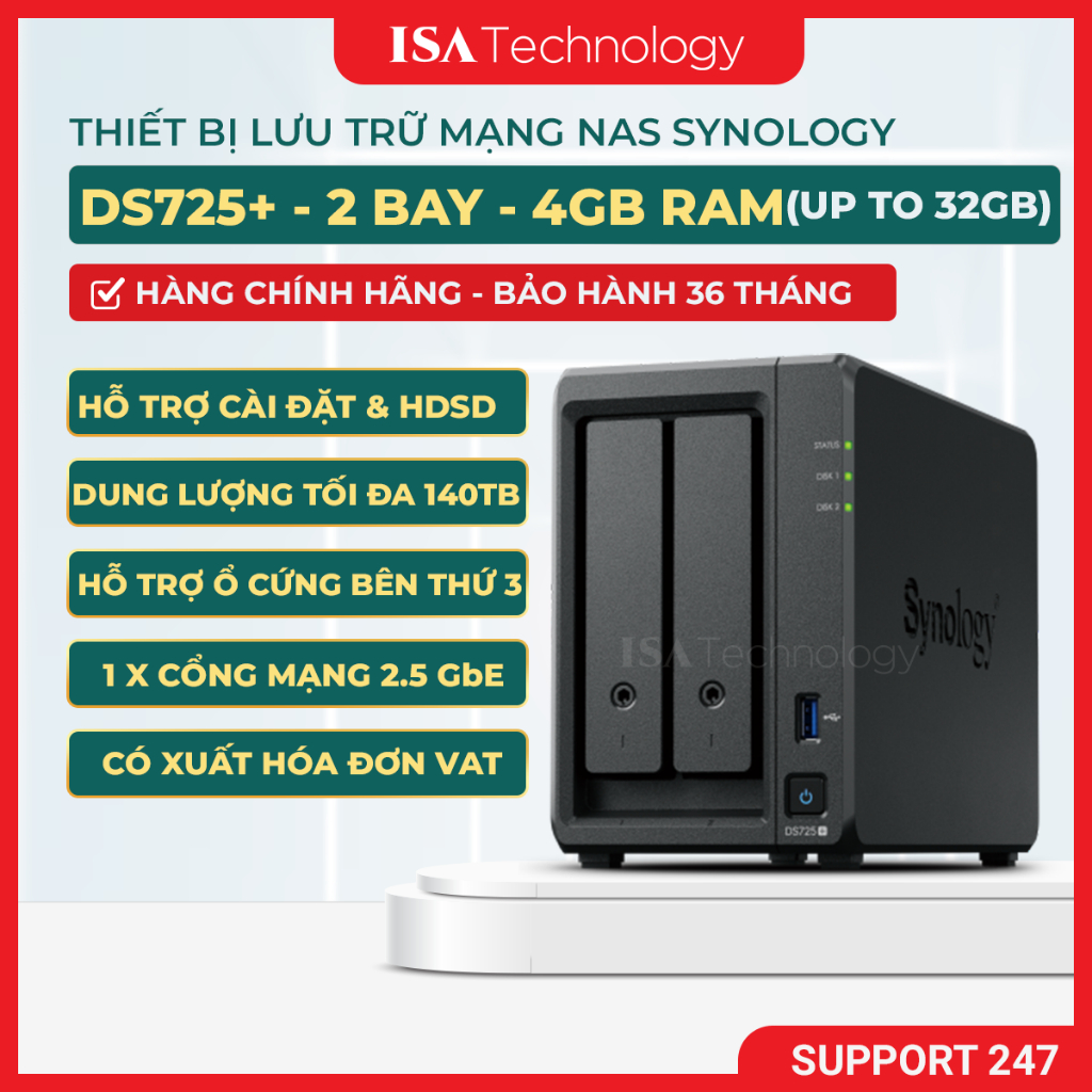 NAS Synology DS725+ Thiết bị lưu trữ mạng 2 bay ổ cứng dành cho gia đình và doanh nghiệp nhỏ 2025