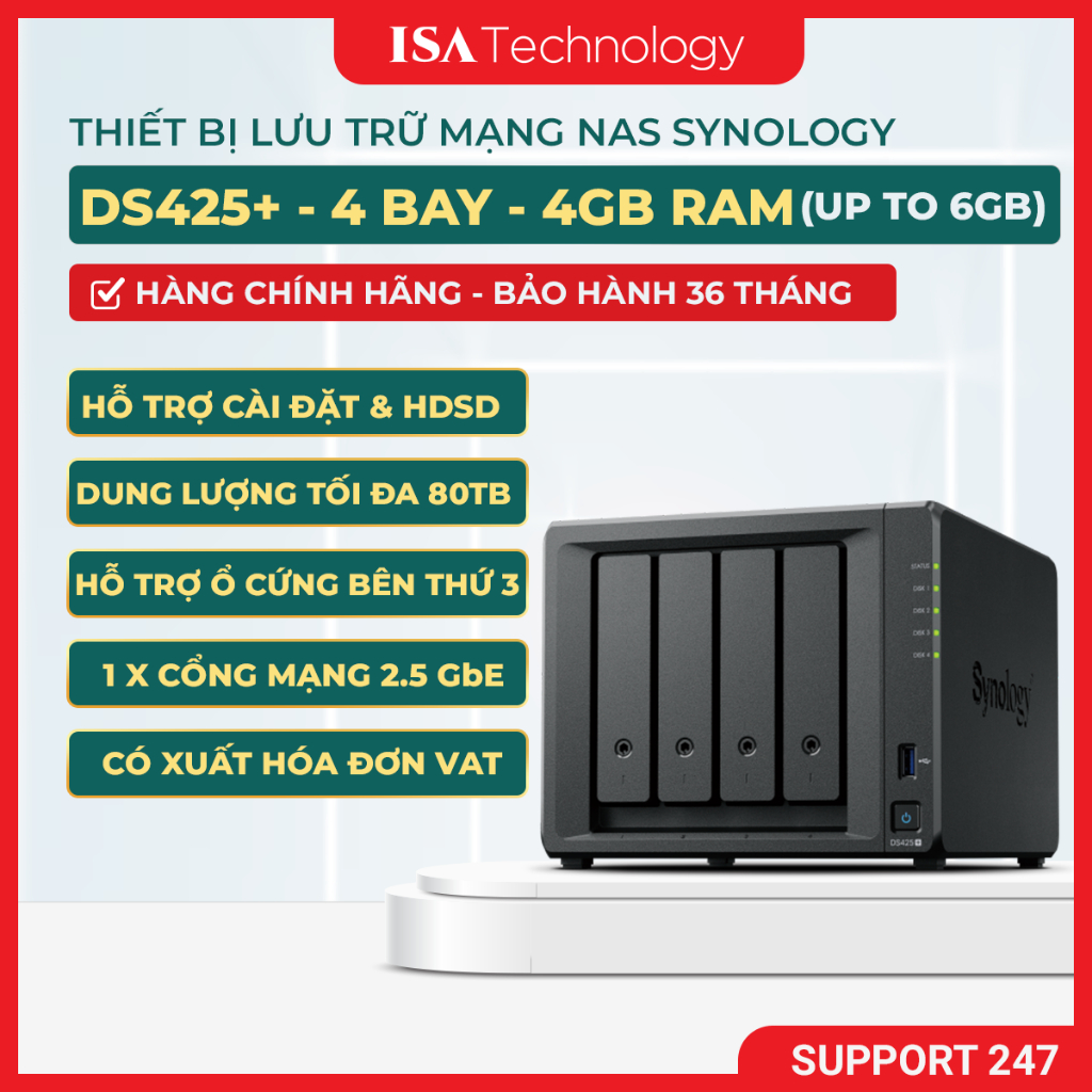 NAS Synology DS425+ Thiết bị lưu trữ mạng 4 bay ổ cứng chính hãng cho cá nhân và doanh nghiệp nhỏ