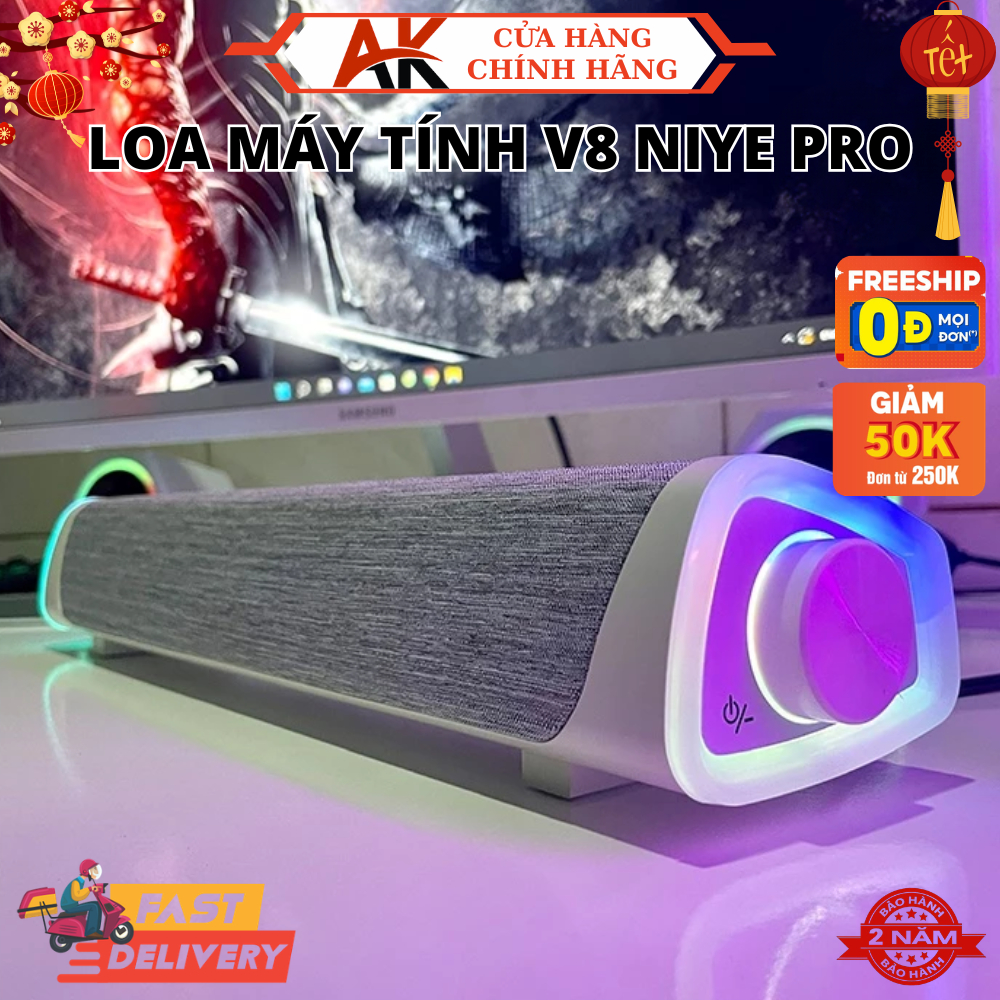 Loa Máy Tính Bluetooth Soundbar V8 NIYE Có Dây Cắm, Led RGB, Âm Thanh Vòm 8D Sống Động Cực Hay