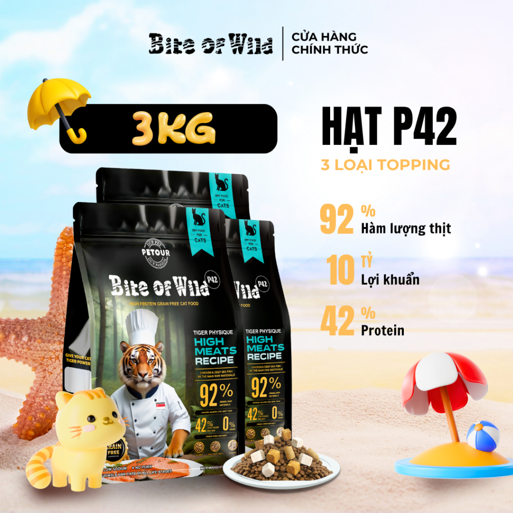 Thức Ăn Cho Mèo Bite Of Wild P42 Combo 3 Gói 1KG Không Ngũ Cốc Mix Thịt Sấy Cho Mèo Mọi Lứa Tuổi