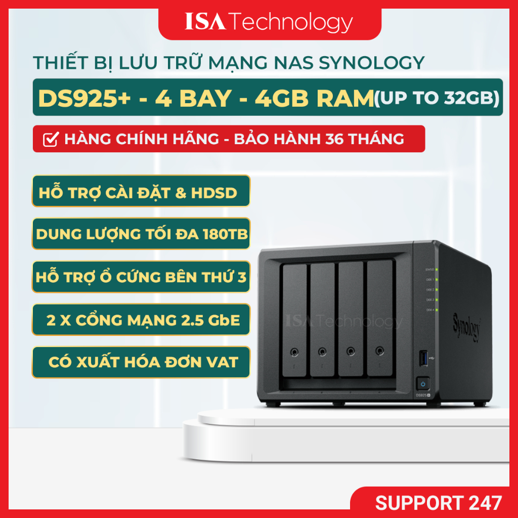 NAS Synology DS925+ Thiết bị lưu trữ mạng 4 bay ổ cứng chính hãng cho doanh nghiệp vừa và nhỏ 2025